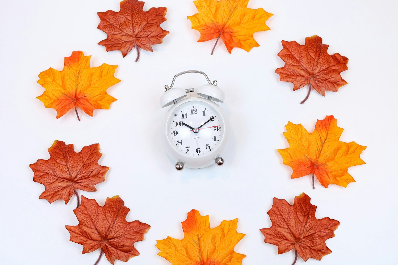 Analog alarm clock surrounded by orange and brown autumn leaves